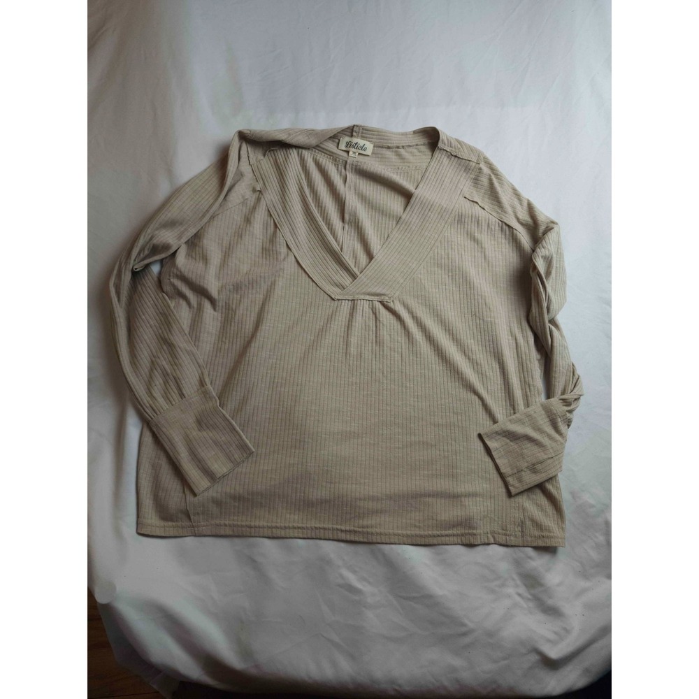 Listicle Pullover Shirt Womens Medium Beige Rib Knit Long Sleeve‎ V Neck Casual